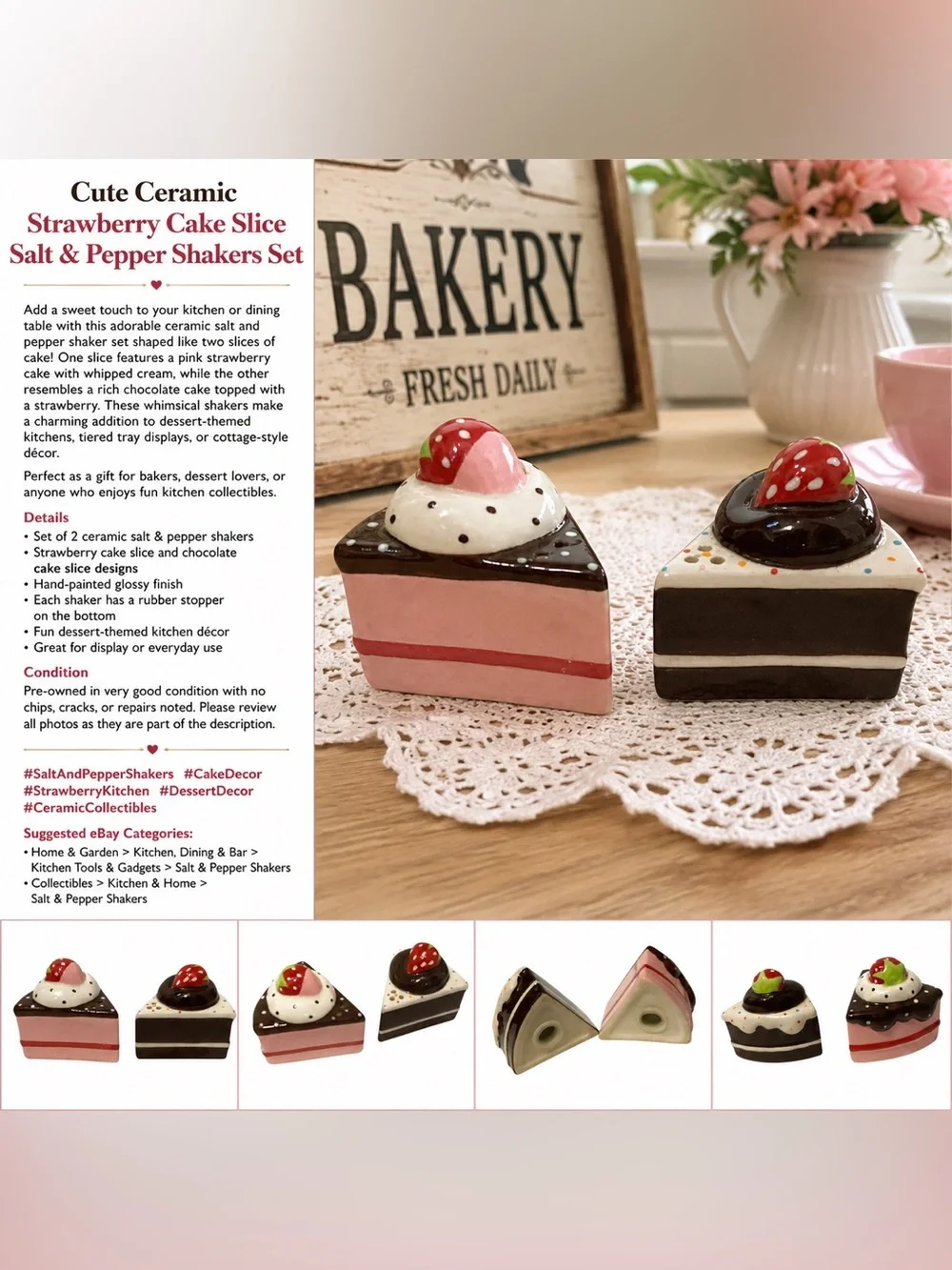 Cute Ceramic Strawberry Cake Slice Salt & Pepper Shakers Dessert Set